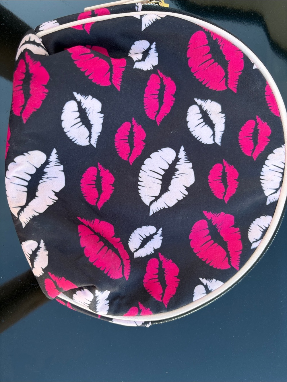 Black Lip-Print Round Cosmetic Bag with Pink & White Accents